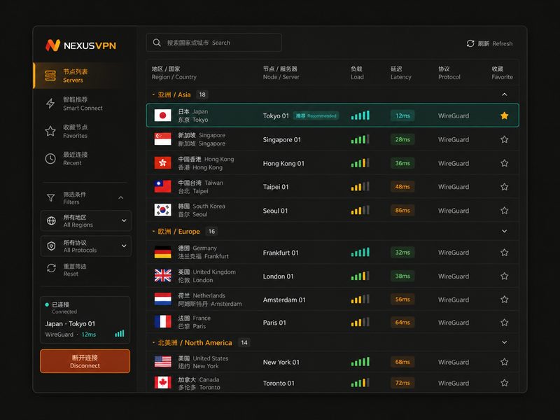 NexusVPN全球节点列表与服务器选择界面